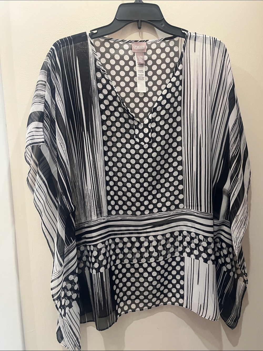 Chico's Black & White Mixed Polka Dot & Stripe V-Neck Tunic